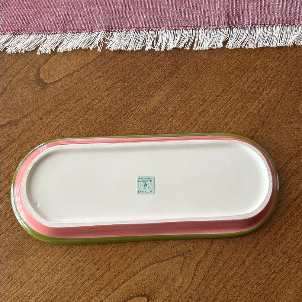 PartyLite White Ceramic Tray with Pink and Green Trim - Picture 3 of 4